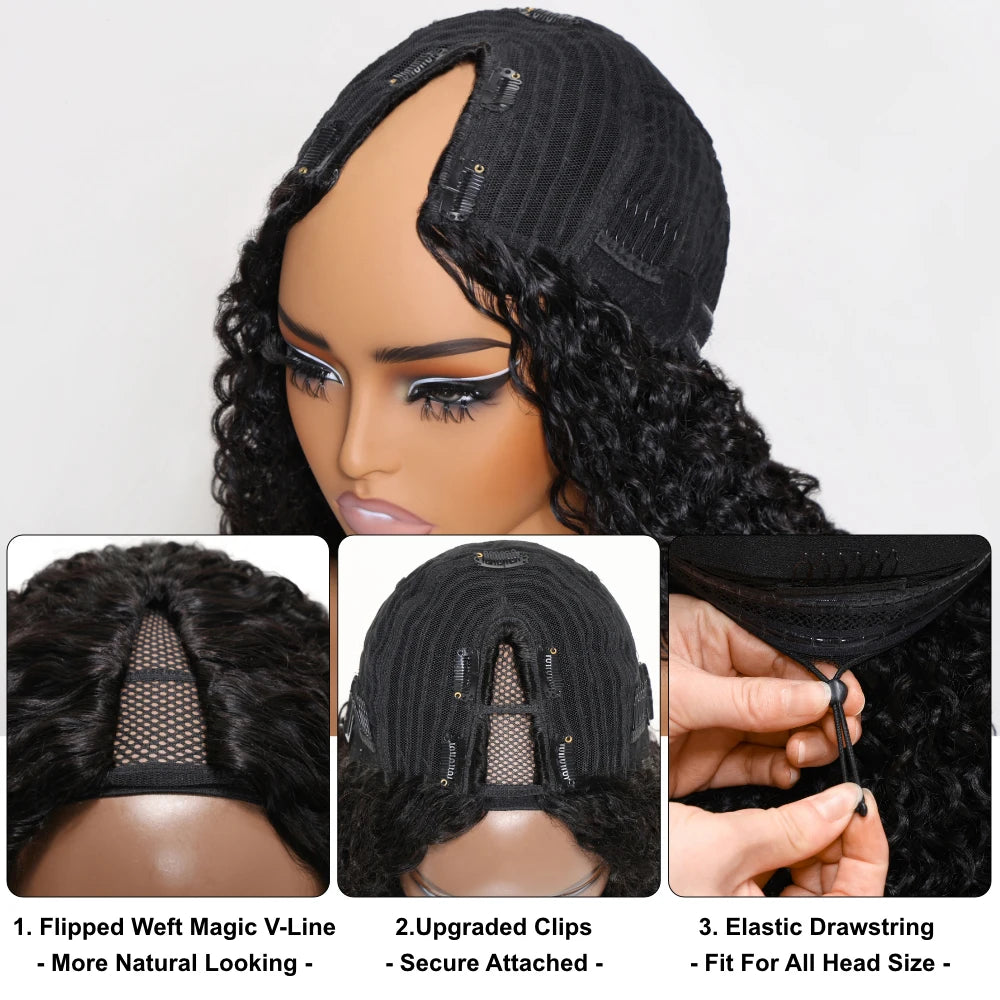 Hair Yaki Straight V Part Wig 100% Human Hair Elastic Drawstring Wig Fit Small Cap Size 150% Density