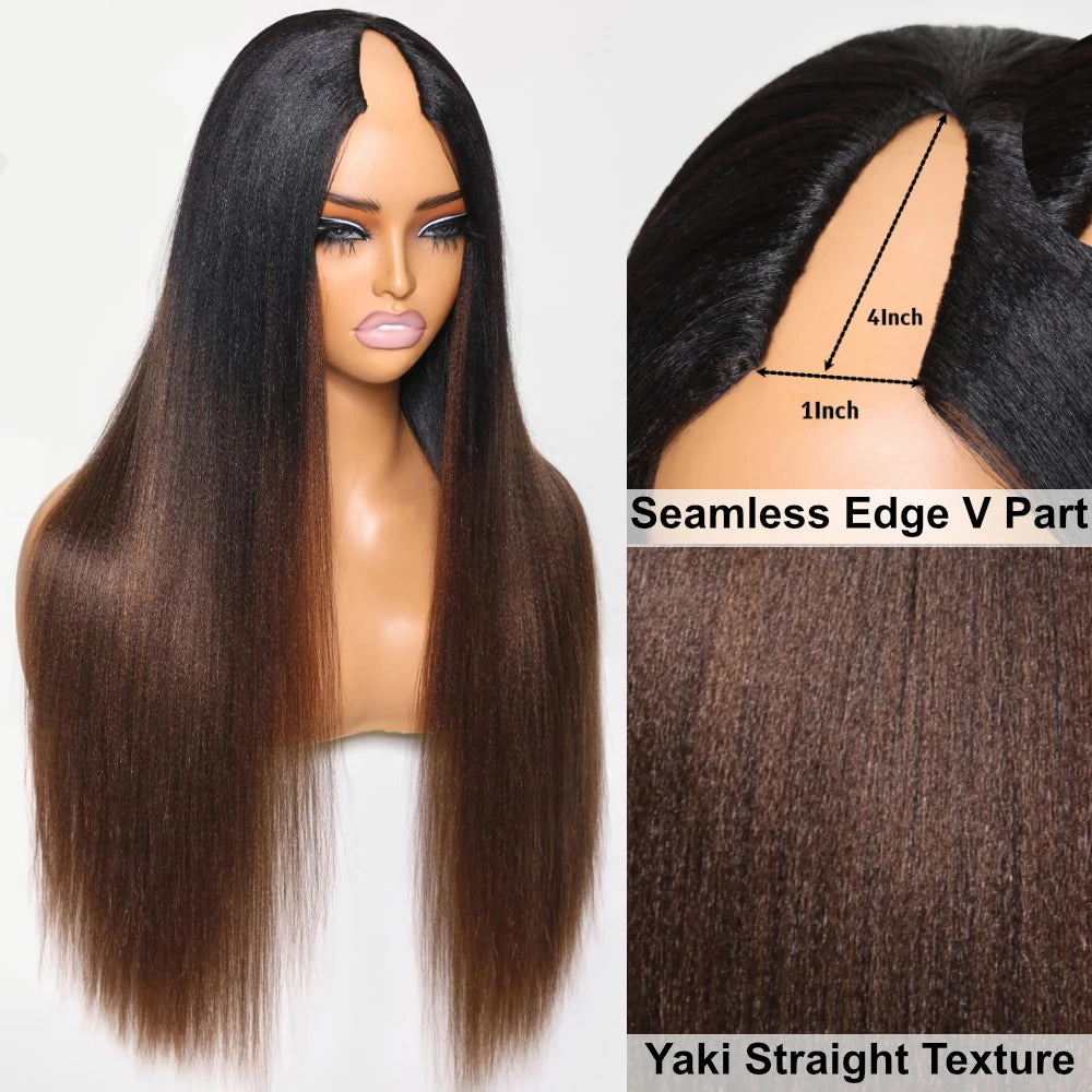 Hair Yaki Straight V Part Wig 100% Human Hair Elastic Drawstring Wig Fit Small Cap Size 150% Density