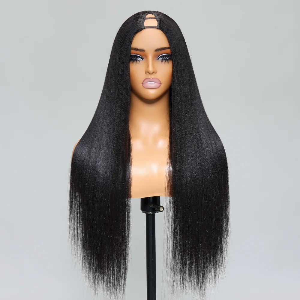 Hair Yaki Straight V Part Wig 100% Human Hair Elastic Drawstring Wig Fit Small Cap Size 150% Density