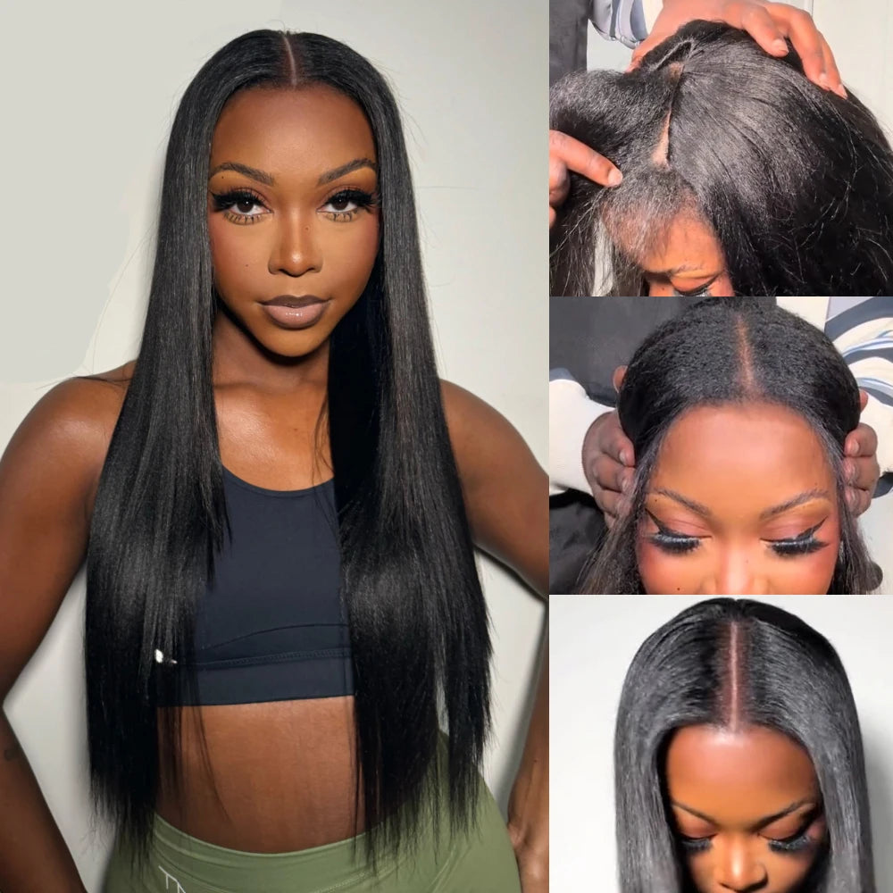 Hair Yaki Straight V Part Wig 100% Human Hair Elastic Drawstring Wig Fit Small Cap Size 150% Density