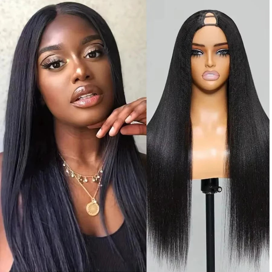 Hair Yaki Straight V Part Wig 100% Human Hair Elastic Drawstring Wig Fit Small Cap Size 150% Density