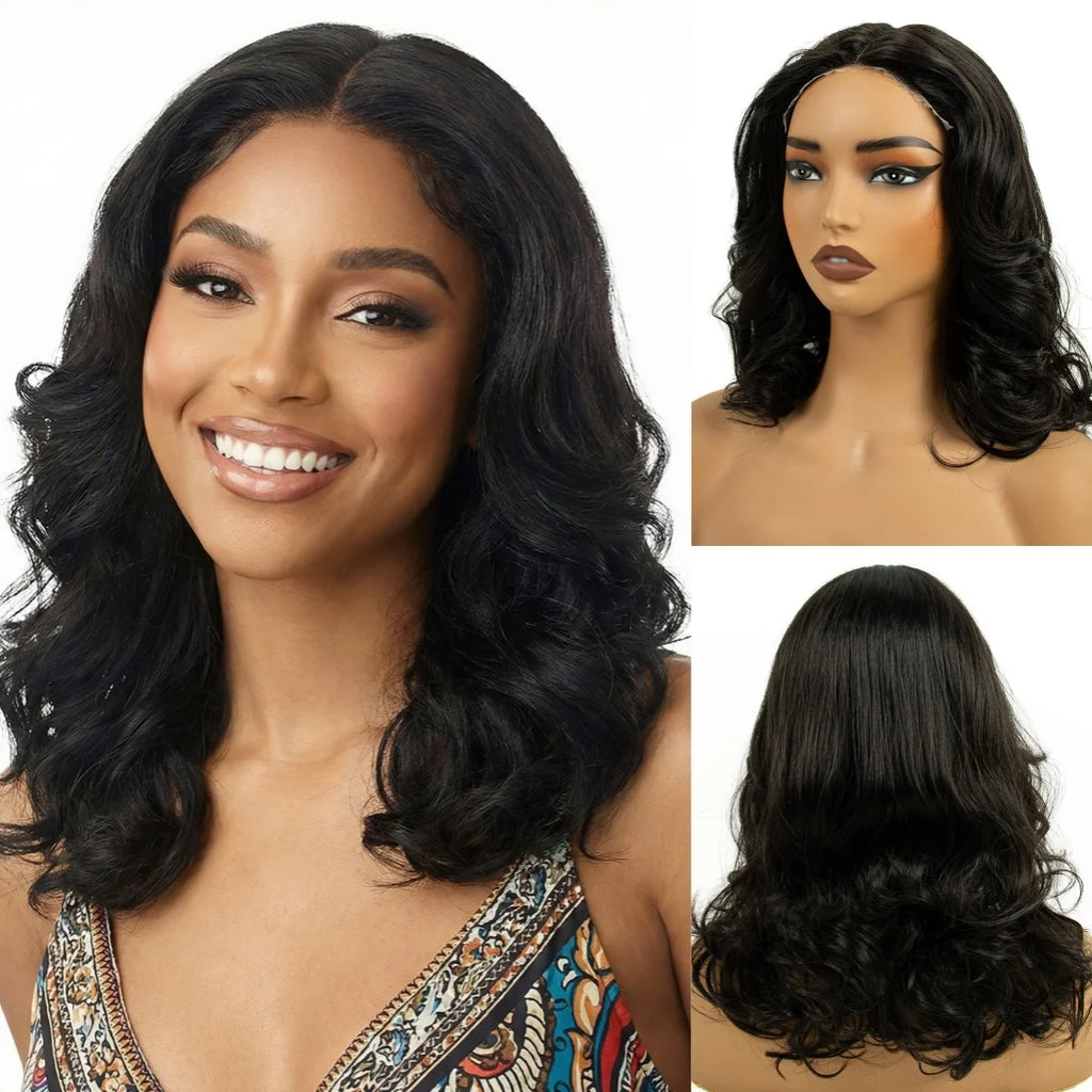 Lace Front Wig Deep Pre-Cut Black Short Curly Synthetic Hair 6*4 T Part Lace Center Part For Daily Replace Used