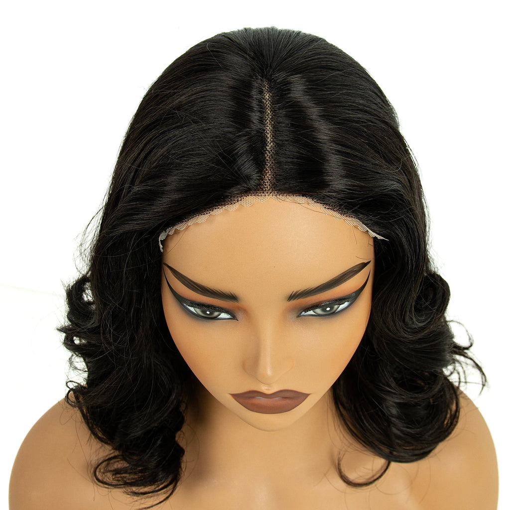 Lace Front Wig Deep Pre-Cut Black Short Curly Synthetic Hair 6*4 T Part Lace Center Part For Daily Replace Used