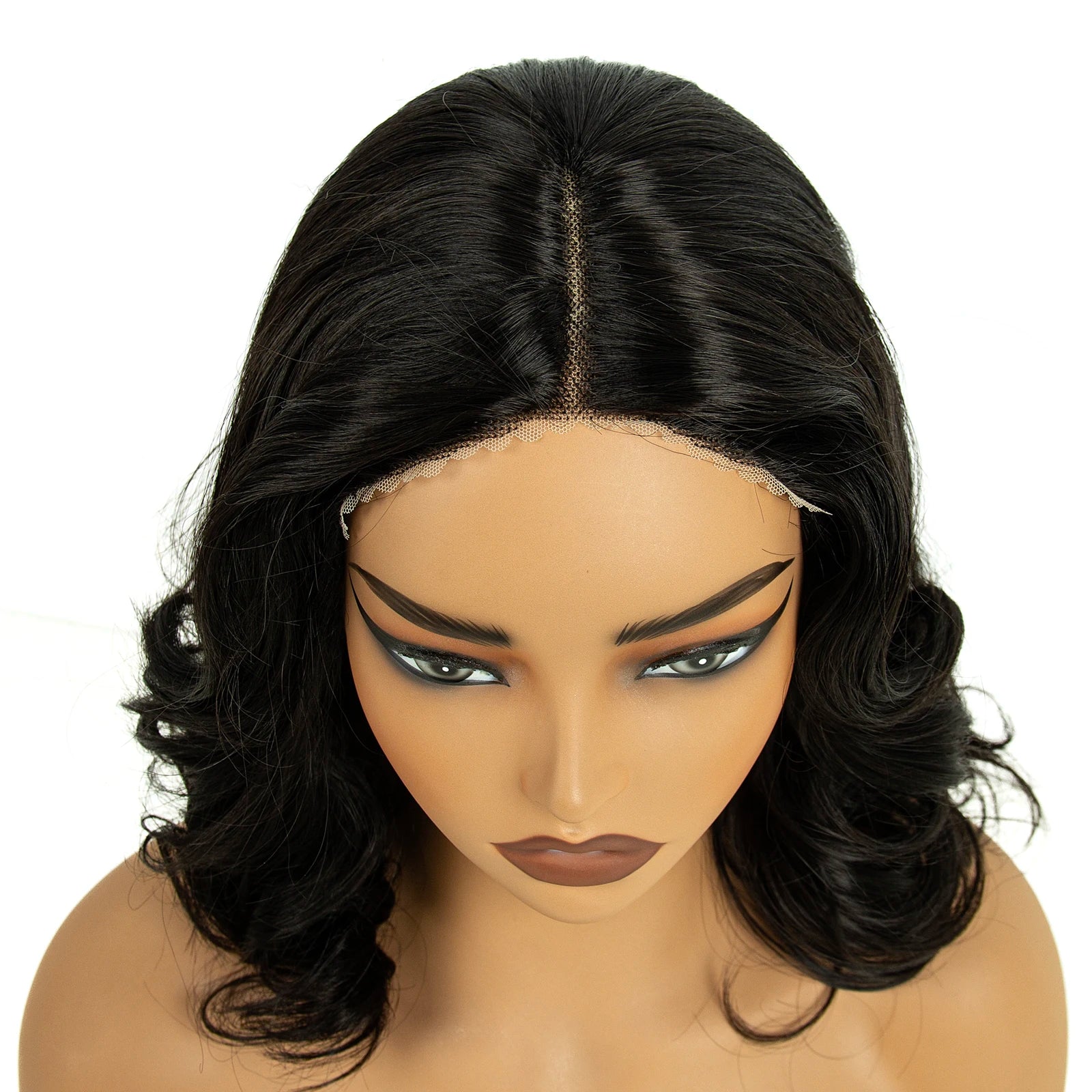 Lace Front Wig Deep Pre-Cut Black Short Curly Synthetic Hair 6*4 T Part Lace Center Part For Daily Replace Used