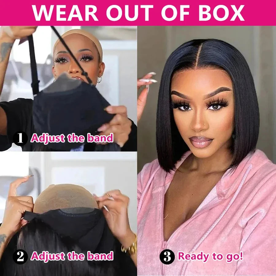 Short Bob Wigs Straight Glueless Wig Ready To Wear Pre Cut 4x4 Elastic Drawstring Upgraded No Glue Lace Air Wig