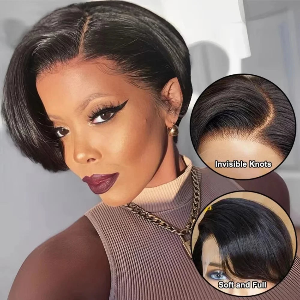 Free Part Pixie Cut Straight Wigs Burmese Lace Front Human Hair Wigs Short Bob Hair Wig Virgin Raw 100% Human Hair Natural Color Preplucked Hairline 13x4 Lace Frontal Hair Wig For Black Women