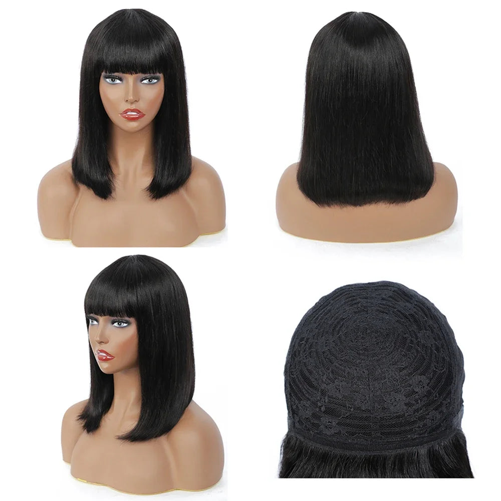 8-16 Inches BURMESE Short Straight Bob Wig With Bangs None Lace Wig Full Machine Made 100% Human Hair Wig Easy To Wear For Women