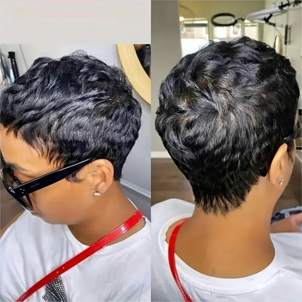 Pixie Cut Wig for Women Short Wavy Brazilian Remy Human Hair 150% Density Full Machine Made Perfect for Daily Wear