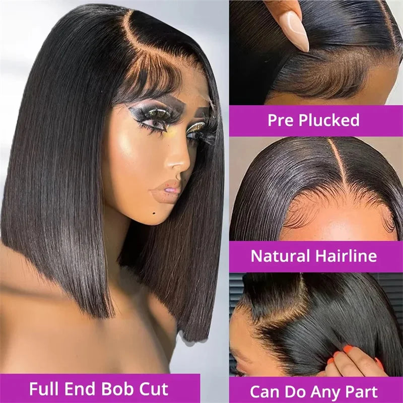 13x6 Short Bob Straight 5x5 Transparent Lace Front Wig 250% Density 4x4  Human Hair Pre Plucked Wigs For Black Women 10 16 Inch