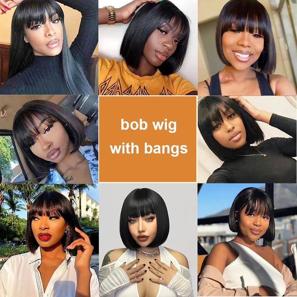 8-16 Inches BURMESE Short Straight Bob Wig With Bangs None Lace Wig Full Machine Made 100% Human Hair Wig Easy To Wear For Women