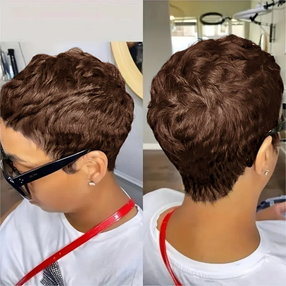 Pixie Cut Wig for Women Short Wavy Brazilian Remy Human Hair 150% Density Full Machine Made Perfect for Daily Wear