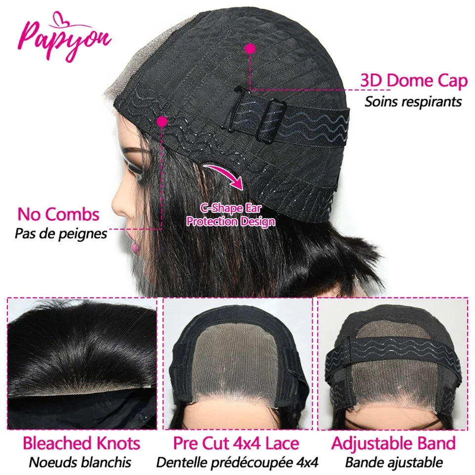 Short Bob Wigs Straight Glueless Wig Ready To Wear Pre Cut 4x4 Elastic Drawstring Upgraded No Glue Lace Air Wig
