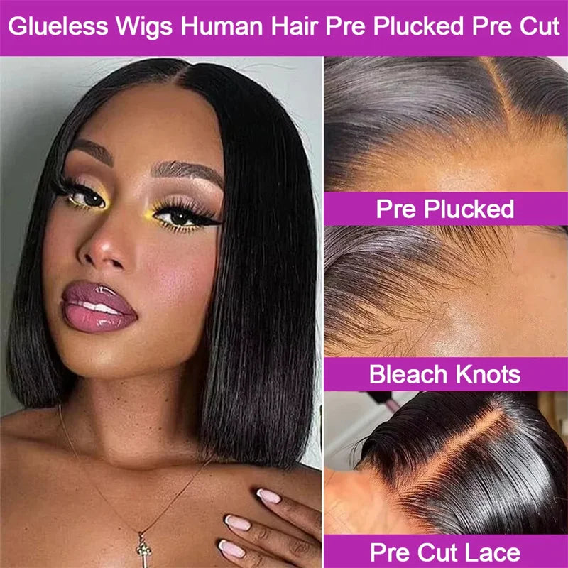 13x6 Short Bob Straight 5x5 Transparent Lace Front Wig 250% Density 4x4  Human Hair Pre Plucked Wigs For Black Women 10 16 Inch