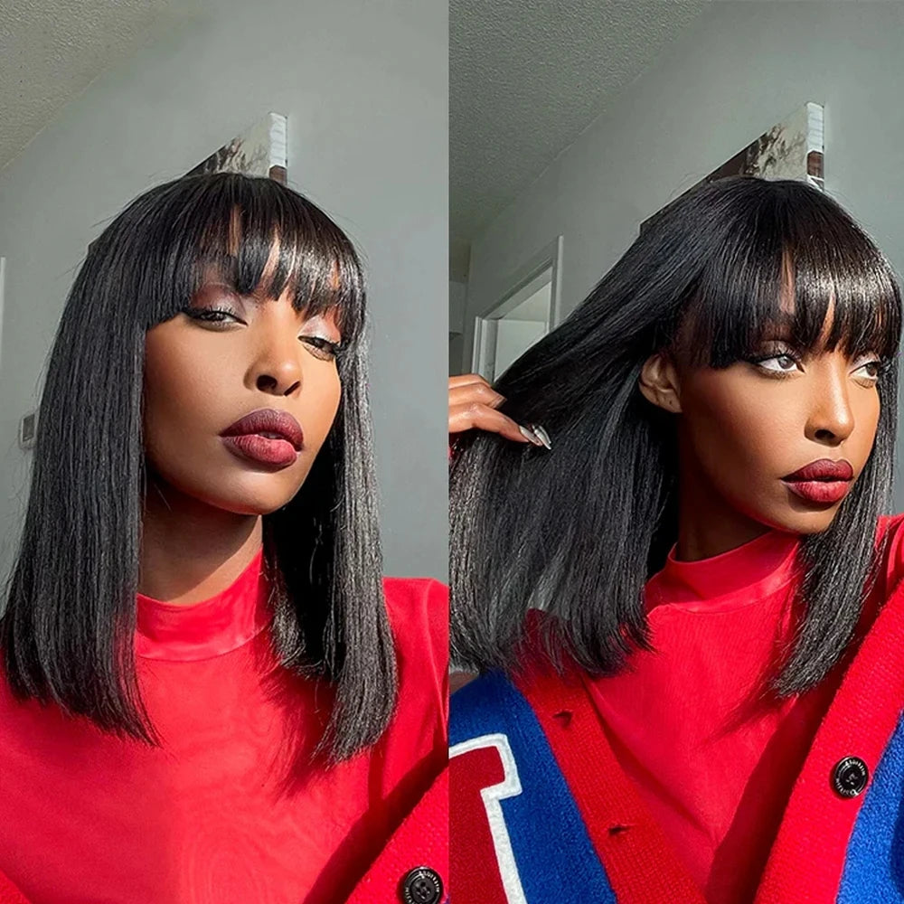 8-16 Inches BURMESE Short Straight Bob Wig With Bangs None Lace Wig Full Machine Made 100% Human Hair Wig Easy To Wear For Women