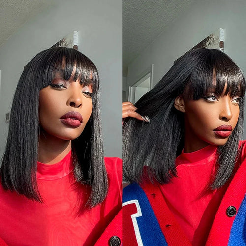 8-16 Inches BURMESE Short Straight Bob Wig With Bangs None Lace Wig Full Machine Made 100% Human Hair Wig Easy To Wear For Women