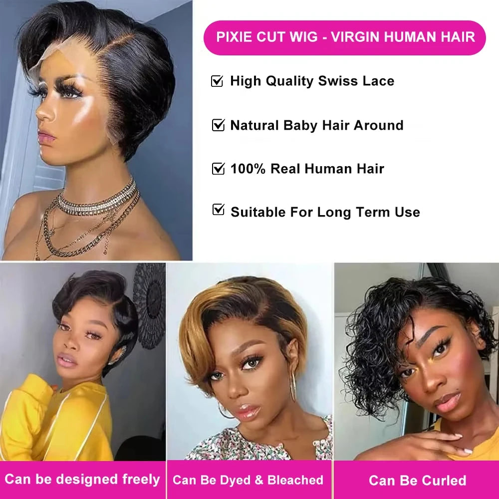 Free Part Pixie Cut Straight Wigs Burmese Lace Front Human Hair Wigs Short Bob Hair Wig Virgin Raw 100% Human Hair Natural Color Preplucked Hairline 13x4 Lace Frontal Hair Wig For Black Women