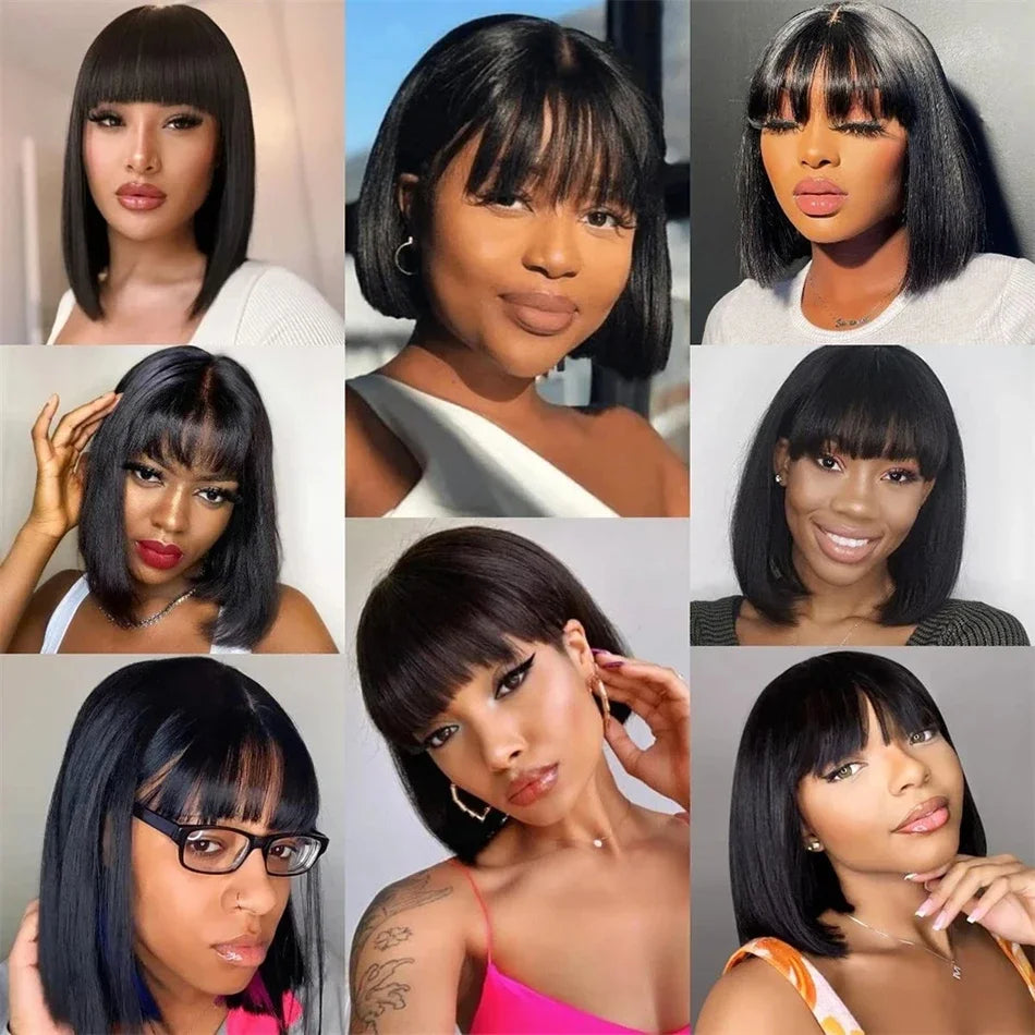 8-16 Inches BURMESE Short Straight Bob Wig With Bangs None Lace Wig Full Machine Made 100% Human Hair Wig Easy To Wear For Women