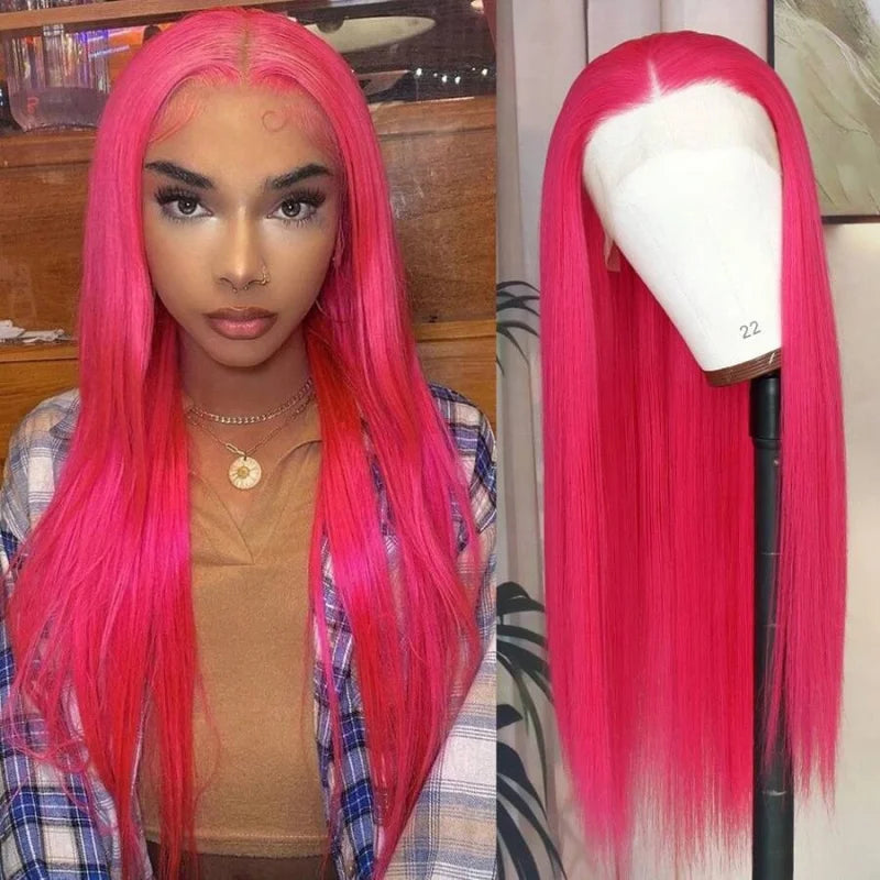 Long Straight 13x4 Lace Frontal Wig Synthetic Hot Pink Wigs for Women Natural Hairline Glueless Fashion Party Wig Cosplay Wig