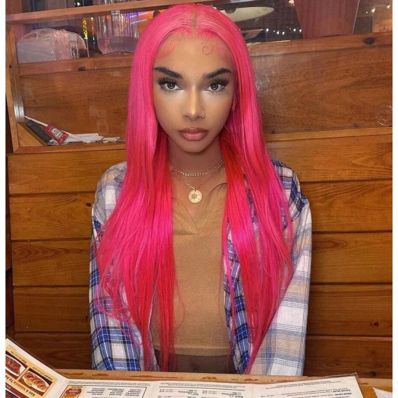 Long Straight 13x4 Lace Frontal Wig Synthetic Hot Pink Wigs for Women Natural Hairline Glueless Fashion Party Wig Cosplay Wig