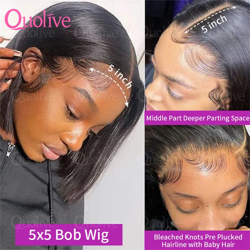 13x6 Short Bob Straight 5x5 Transparent Lace Front Wig 250% Density 4x4  Human Hair Pre Plucked Wigs For Black Women 10 16 Inch