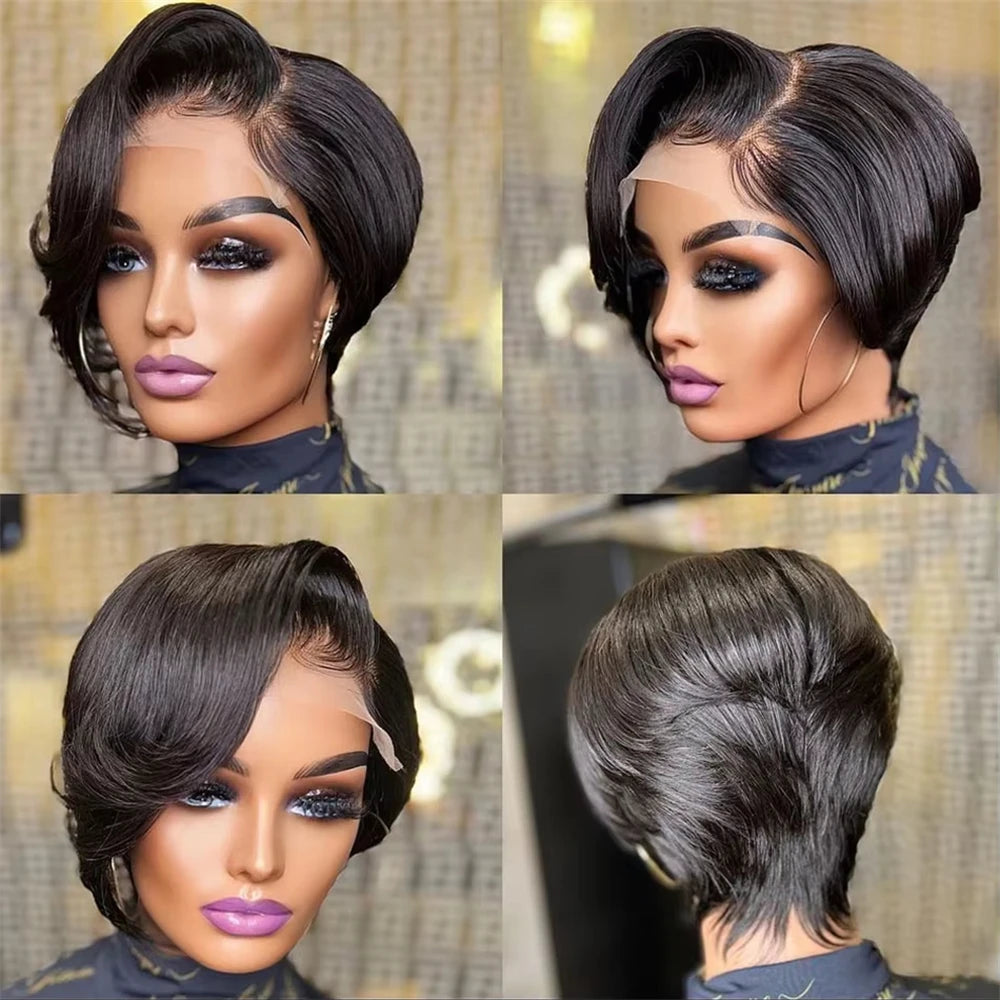 Free Part Pixie Cut Straight Wigs Burmese Lace Front Human Hair Wigs Short Bob Hair Wig Virgin Raw 100% Human Hair Natural Color Preplucked Hairline 13x4 Lace Frontal Hair Wig For Black Women