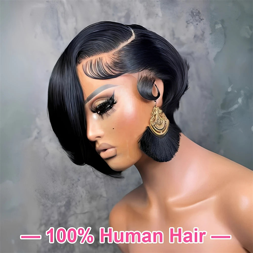 Free Part Pixie Cut Straight Wigs Burmese Lace Front Human Hair Wigs Short Bob Hair Wig Virgin Raw 100% Human Hair Natural Color Preplucked Hairline 13x4 Lace Frontal Hair Wig For Black Women