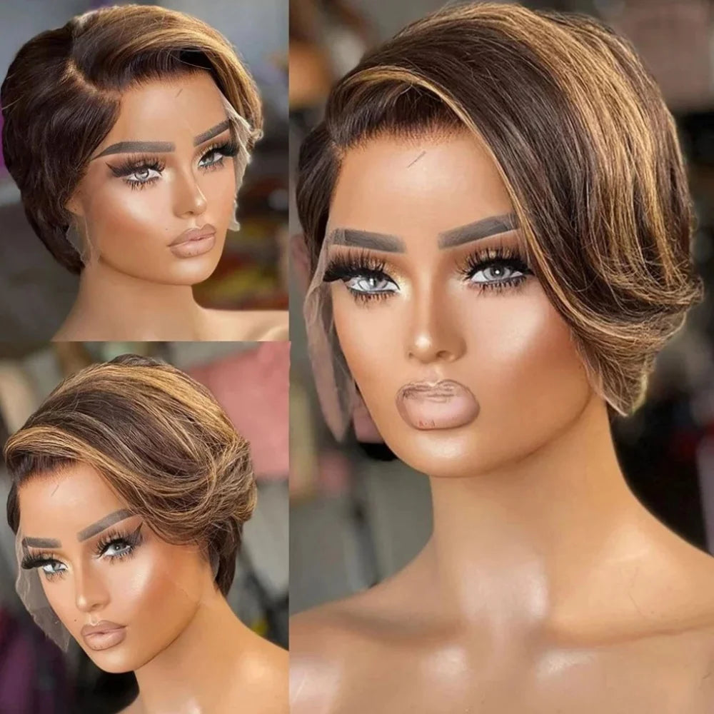 Short Straight Bob Pixie Cut Wig Ombre Human Hair Honey Blonde Pixie Wigs For Black Women Preplucked Part 13X4X1 Lace Wig for Wo