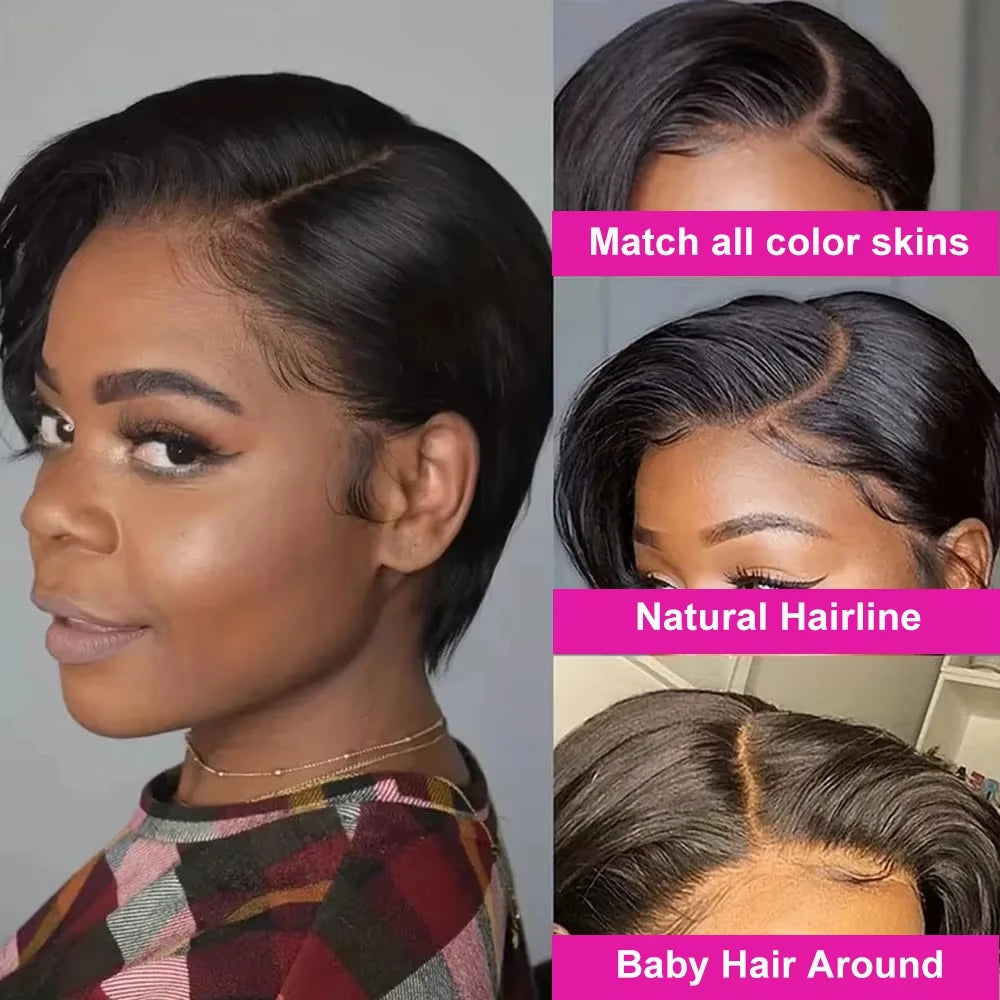 Free Part Pixie Cut Straight Wigs Burmese Lace Front Human Hair Wigs Short Bob Hair Wig Virgin Raw 100% Human Hair Natural Color Preplucked Hairline 13x4 Lace Frontal Hair Wig For Black Women
