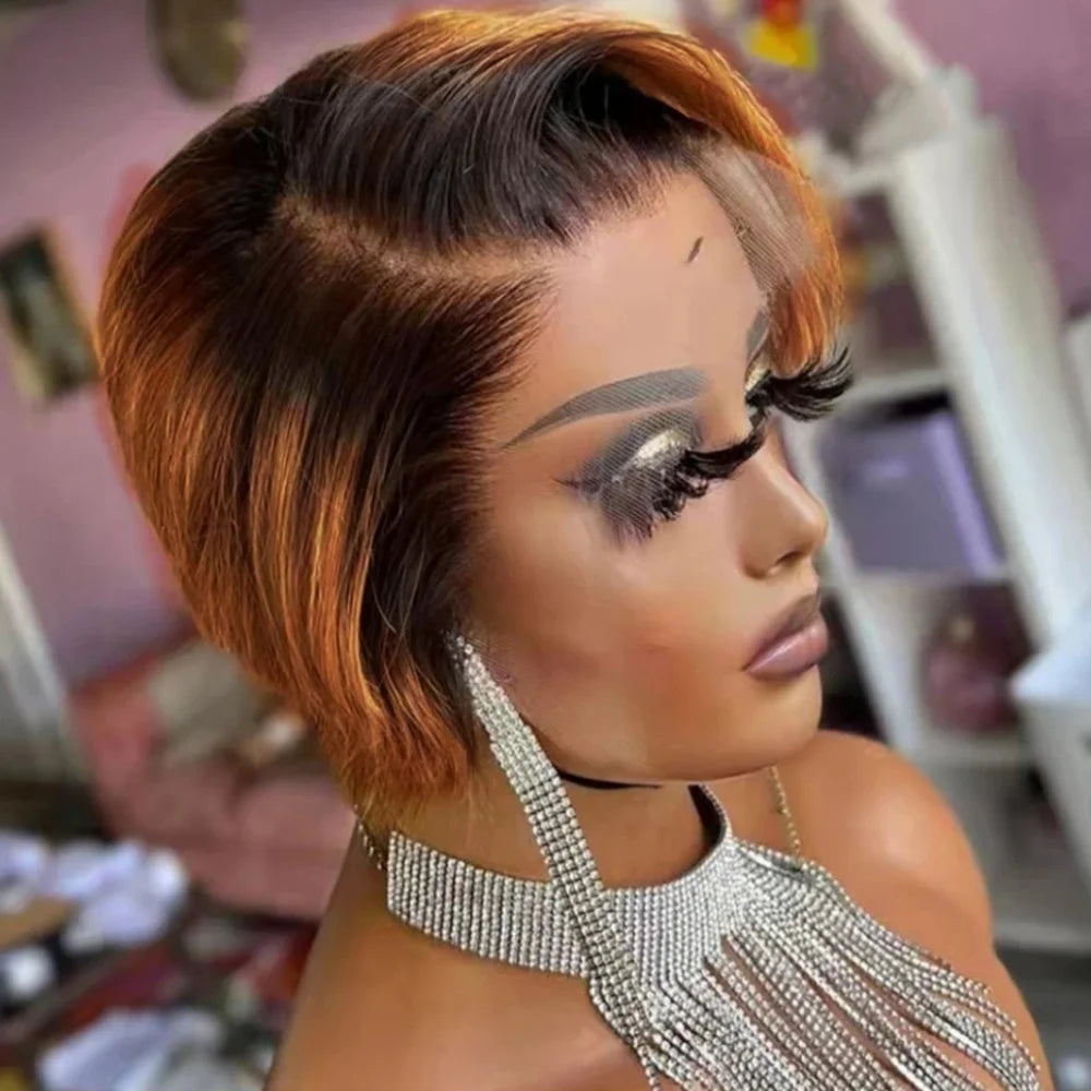 Short Straight Bob Pixie Cut Wig Ombre Human Hair Honey Blonde Pixie Wigs For Black Women Preplucked Part 13X4X1 Lace Wig for Wo