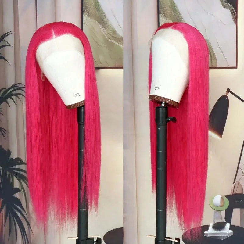 Long Straight 13x4 Lace Frontal Wig Synthetic Hot Pink Wigs for Women Natural Hairline Glueless Fashion Party Wig Cosplay Wig