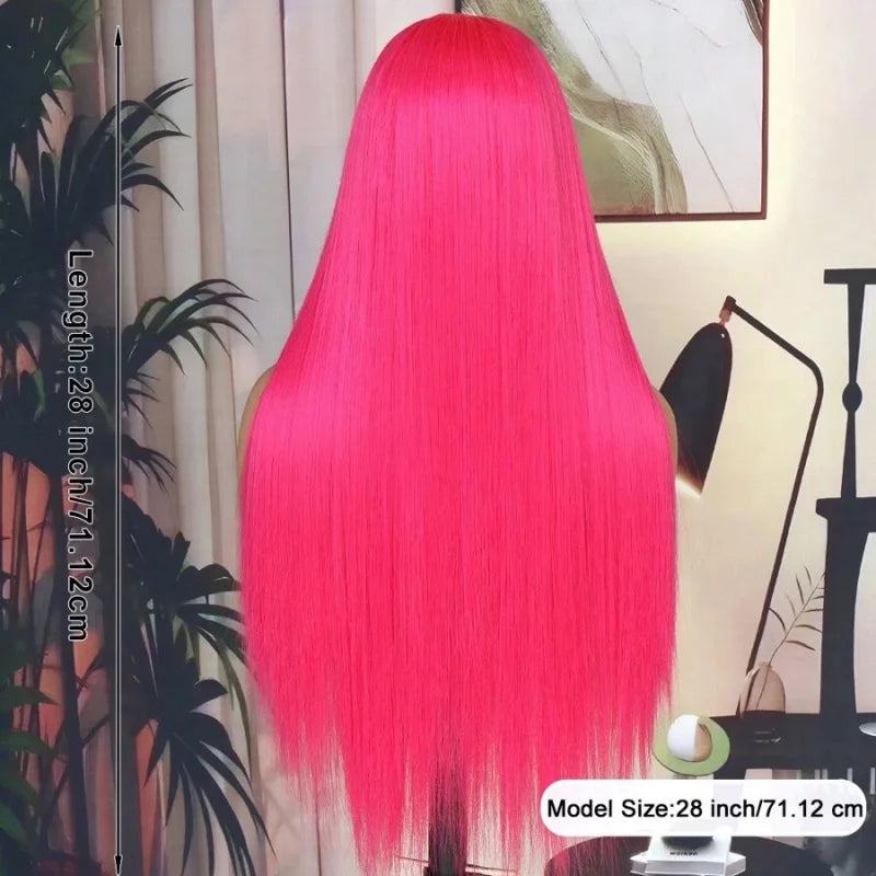 Long Straight 13x4 Lace Frontal Wig Synthetic Hot Pink Wigs for Women Natural Hairline Glueless Fashion Party Wig Cosplay Wig