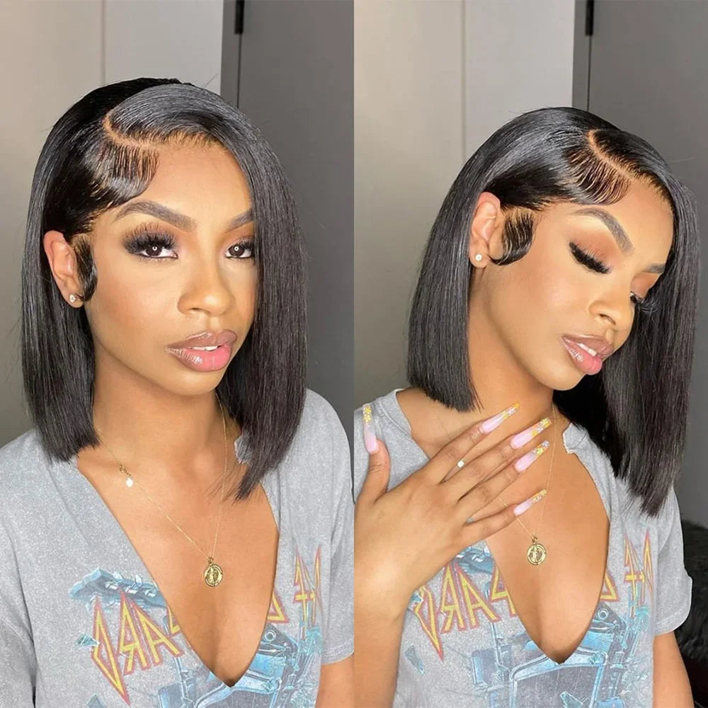 13x4 Straight Lace Frontal Bob Wig Pre Plucked 4x4 Human Hair Wigs Brazilian Remy Bone Straight Short Bob Wig For Women 14 Inch